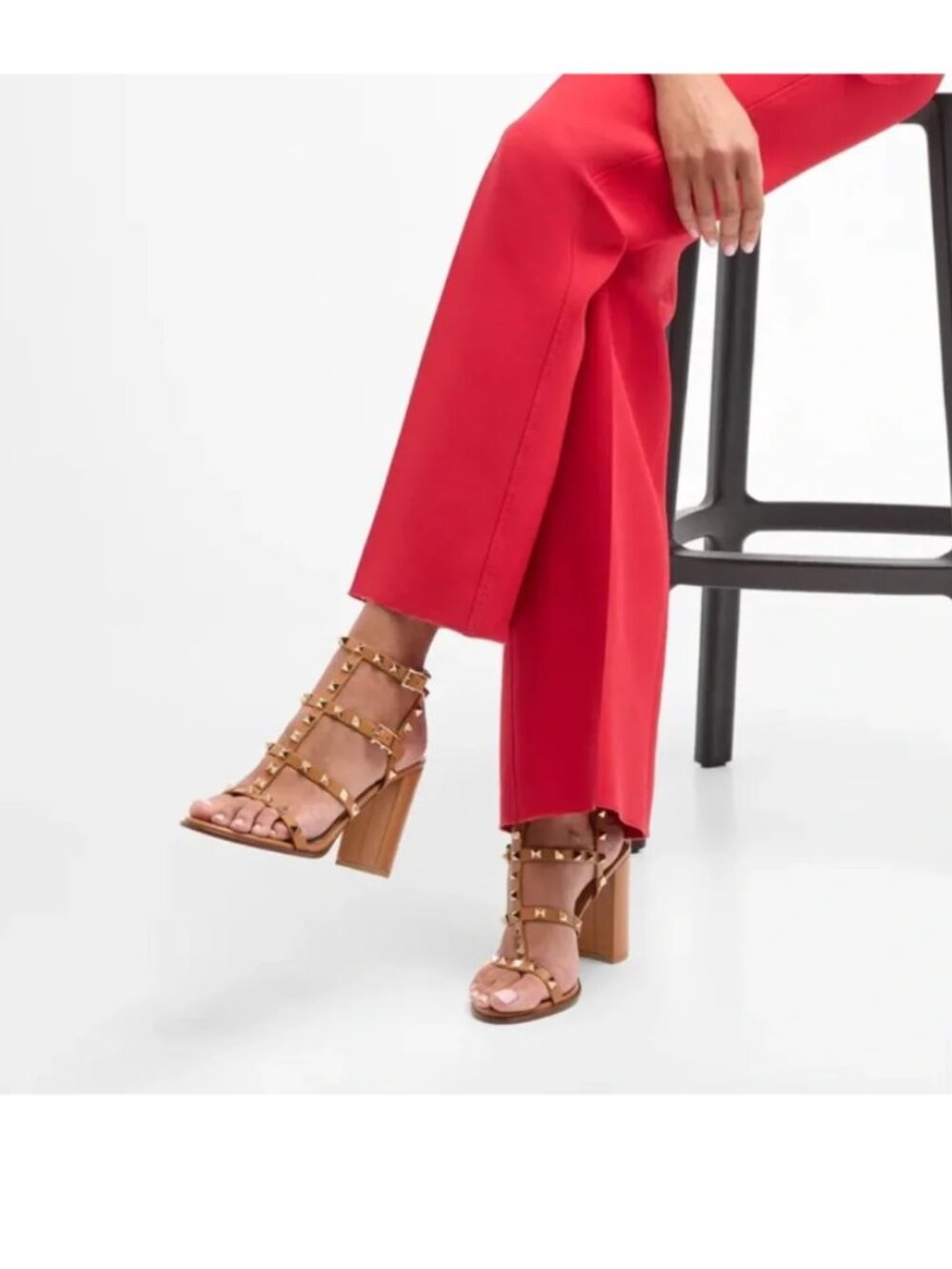 Valentino Garavani 90mm Rockstud Brown Leather Block Heel Sandals - Picture 3 of 9